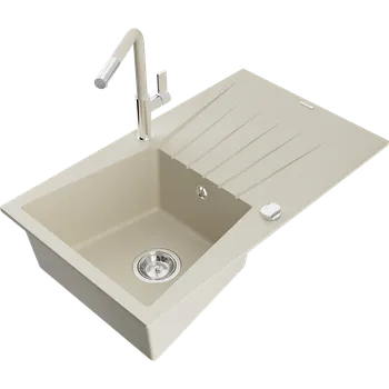 Granitový dřez Mexen Cesar granitový dřez 1-komorový s odkapávačem a kuchyňskou baterií Flora, béžový - 6514-69-670401-09 Granitové dřezy s baterií