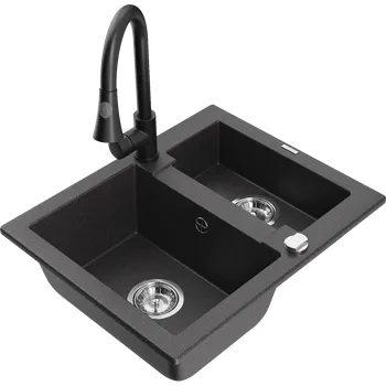 Granitový dřez Mexen Carlos granitový dřez 1,5-komorový s kuchyňskou baterií Elia, černý skvrnitý - 6518-76-670101-70 Granitové dřezy s baterií