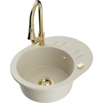 Granitový dřez Mexen Kevin granitový dřez 1-komorový s odkapávačem a kuchyňskou baterií Elia, béžový - 6517-69-670101-50 Granitové dřezy s baterií