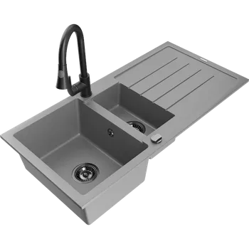 Granitový dřez Mexen Andres dřez granitový 1,5-komorový s odkapávačem a kuchyňskou baterií Elia, šedý - 6515-71-670101-70-B Granitové dřezy s baterií