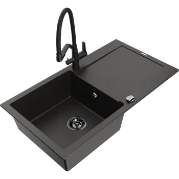 Granitový dřez Mexen Leo granitový dřez s 1 komorou a odkapávačem a kuchyňskou baterií Duo, černý/zlatý metalický - 6501-75-671701-70-B Granitové dřezy s baterií
