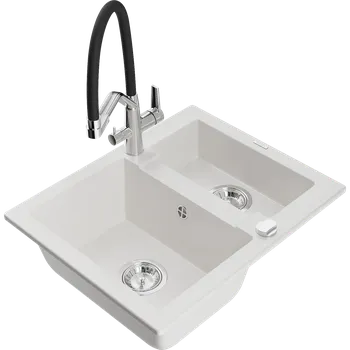 Granitový dřez Mexen Carlos granitový dřez 1,5-komorový s kuchyňskou baterií Duo, bílý - 6518-20-671701-07 Granitové dřezy s baterií