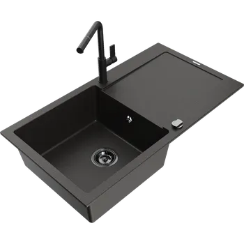 Granitový dřez Mexen Leo granitový jednodřez s odkapávačem a kuchyňskou baterií Flora, černá/zlatý metalik - 6501-75-670401-70-B Granitové dřezy s baterií
