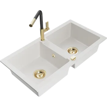 Granitový dřez Mexen Mario granitový dřez 2-komorový s kuchyňskou baterií Flora, bílý - 6504-20-670401-57-G Granitové dřezy s baterií