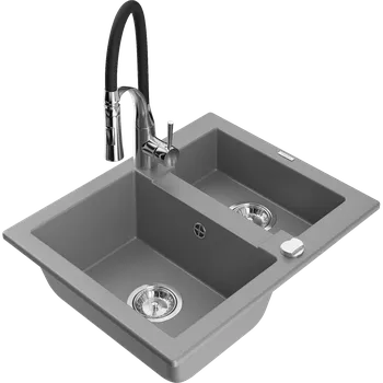 Granitový dřez Mexen Carlos granitový dřez 1,5-komorový s kuchyňskou baterií Aster, šedý - 6518-71-73450-07 Granitové dřezy s baterií