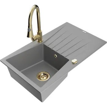 Granitový dřez Mexen Cesar granitový dřez 1-komorový s odkapávačem a kuchyňskou baterií Elia, šedý - 6514-71-670101-50 Granitové dřezy s baterií