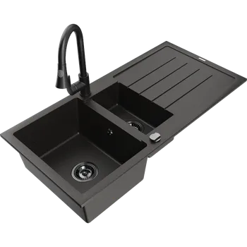 Granitový dřez Mexen Andres granitový dřez 1,5-komorový s odkapávačem a kuchyňskou baterií Elia, černý/zlatý metalic - 6515-75-670101-70-B Granitové dřezy s baterií
