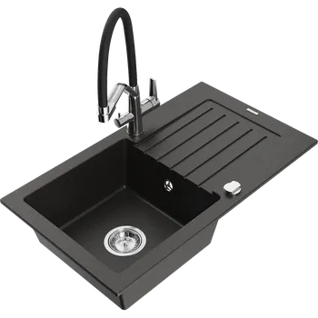 Granitový dřez Mexen Pablo granitový dřez 1-komorový s odkapávačem a kuchyňskou baterií Duo, černý/zlatý metalik - 6510-75-671701-07 Granitové dřezy s baterií