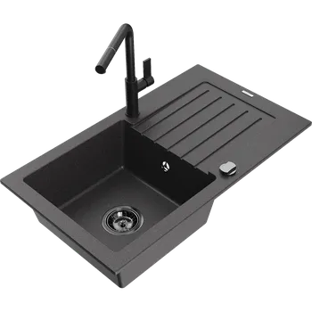 Granitový dřez Mexen Pablo žulový dřez s 1 komorou, odkapávačem a kuchyňskou baterií Flora, černý s postříkáním - 6510-76-670401-70-B Granitové dřezy s baterií
