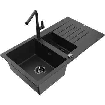 Granitový dřez Mexen Matias granitový dřez 1,5-komorový s odkapávačem a kuchyňskou baterií Flora, černý/stříbrný - 6502-73-670401-70-B Granitové dřezy s baterií