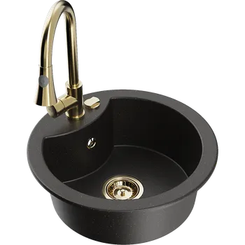 Granitový dřez Mexen Diego granitový dřez 1-komorový s kuchyňskou baterií Elia, černý/zlatý metalik - 6512-75-670101-50 Granitové dřezy s baterií