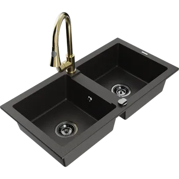 Granitový dřez Mexen Mario dvojkomorový granitový dřez s kuchyňskou baterií Elia, černý/zlatý metalický - 6504-75-670101-50-B Granitové dřezy s baterií