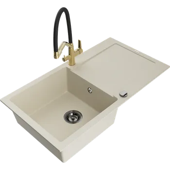 Granitový dřez Mexen Leo granitový dřez 1-komorový s odkapávačem a kuchyňskou baterií Duo, béžový - 6501-69-671701-57-B Granitové dřezy s baterií