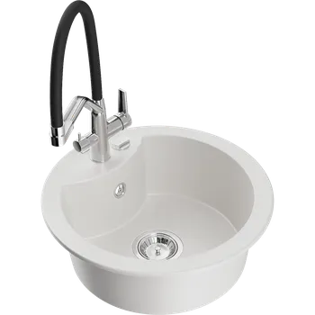 Granitový dřez Mexen Diego granitový dřez 1-komorový s kuchyňskou baterií Duo, bílý - 6512-20-671701-07 Granitové dřezy s baterií