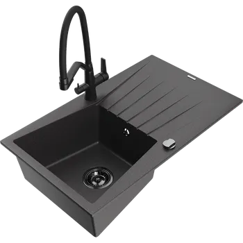 Granitový dřez Mexen Cesar granitový dřez s 1 komorou a odkapávačem a kuchyňskou baterií Duo, černý kropenatý - 6514-76-671701-70-B Granitové dřezy s baterií