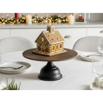 Kulatý stojan na dort černý a světlé dřevo 30 x 30 x 14 cm dekorativní stylový servírovací podnos Beliani