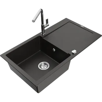 Granitový dřez Mexen Leo granitový dřez 1-komorový s odkapávačem a kuchyňskou baterií Flora, černý/zlatý metalický - 6501-75-670401-00 Granitové dřezy s baterií