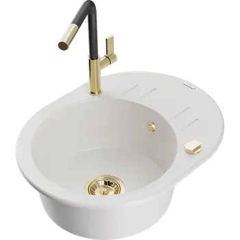 Granitový dřez Mexen Kevin granitový dřez 1-komorový s odkapávačem a kuchyňskou baterií Flora, bílý - 6517-20-670401-57-G Granitové dřezy s baterií