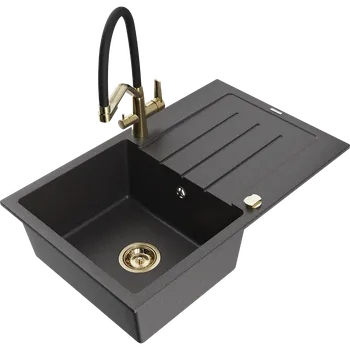 Granitový dřez Mexen Bruno granitový dřez 1-komorový s odkapem a kuchyňskou baterií Duo, černý s tečkami - 6513-76-671701-57-G Granitové dřezy s baterií