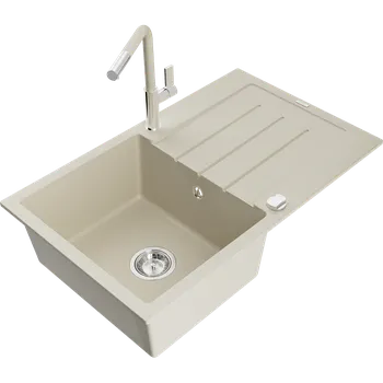 Mexen Bruno granitový dřez 1-komorový s odkapávačem a kuchyňskou baterií Flora, béžový - 6513-69-670401-09 Granitové dřezy s baterií