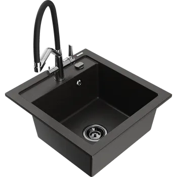 Granitový dřez Mexen Vito granitový dřez s 1 komorou a kuchyňskou baterií Duo, černý/zlatý metalický - 6503-75-671701-07-B Granitové dřezy s baterií