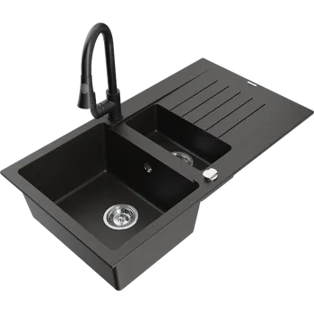 Granitový dřez Mexen Matias granitový dřez 1,5-komorový s odkapávačem a kuchyňskou baterií Elia, černý/zlatý metalický - 6502-75-670101-70 Granitové dřezy s baterií