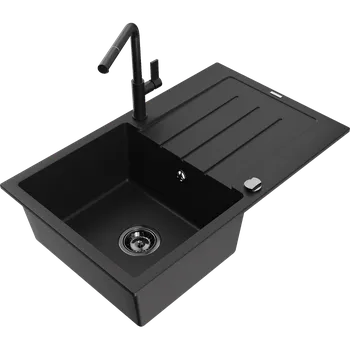 Granitový dřez Mexen Bruno granitový dřez s 1 komorou a odkapávačem a kuchyňskou baterií Flora, černý - 6513-77-670401-70-B Granitové dřezy s baterií