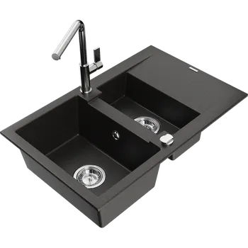 Granitový dřez Mexen Gaspar žulový dřez 1,5-komorový s odkapávačem a kuchyňskou baterií Flora, černý/zlatý metalik - 6507-75-670401-00 Granitové dřezy s baterií