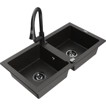 Granitový dřez Mexen Mario dvojkomorový granitový dřez s kuchyňskou baterií Elia, černý/zlatý metalik - 6504-75-670101-70-B Granitové dřezy s baterií