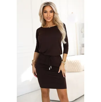 Dámské oblečení Numoco Sportovní midi šaty s kapsami a zavazováním v pase - čokoládově hnědé 13-169 Barva: Hnědá, Velikost: M