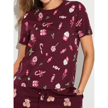 Dámské tričko Sinsay - Vánoční tričko s potiskem sladkostí a dárků - kaštanová - 938GS-83X - 938GS-83X-XXL