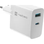 Univerzální USB nabíječka Natec RIBERA GaN 1X USB-A + 1X USB-C 65W, Bílá