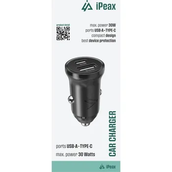 Adaptér do auta iPeax cl-04, PD, 30W, USB-C + USB-A černý