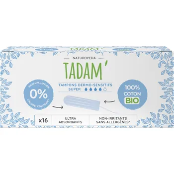 Menstruační tampony TADAM Dermo sensitivní tampony z BIO bavlny, super, 16 ks Šetrná a pohodlná ochrana