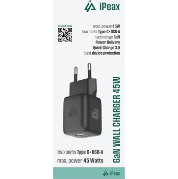 Adaptér iPeax GaN s funkcí rychlonabíjení 45W (USB-C + USB-A) černý