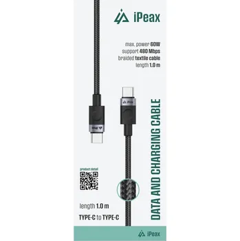 Textilní kabel iPeax USB-C - USB-C 1m, USB 2.0 černý