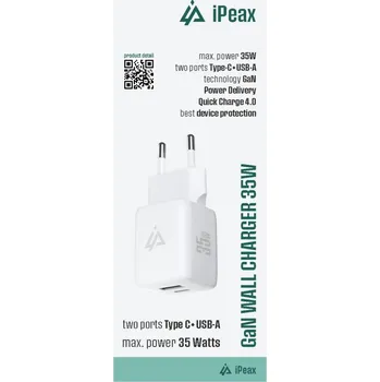 Adaptér iPeax GaN s funkcí rychlonabíjení 35W (USB-C + USB-A) bílý