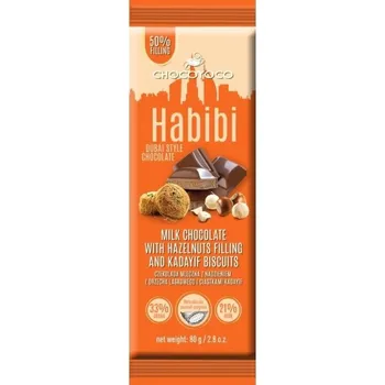 Čokoláda Mléčná čokoláda s lískooříškovou náplní (40%) a sušenkami HABIBI 80g
