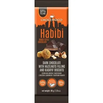 Čokoláda Hořká čokoláda s lískooříškovou náplní (40%) a sušenkami HABIBI 80g