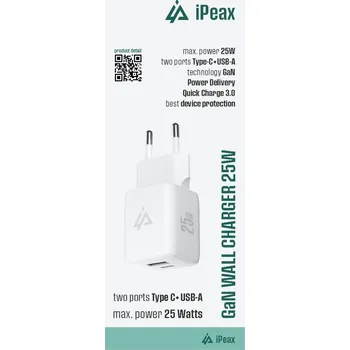 Adaptér iPeax GaN s funkcí rychlonabíjení 25W (USB-C + USB-A) bílý
