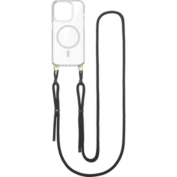 Pouzdro na mobilní telefon Zadní pevný kryt Strap Mag na iPhone 14 Pro s černou šňůrkou průhledný (obal neboli pouzdro na iPhone 14 Pro)