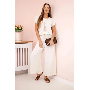 Viskózový komplet skládané halenky a širokých kalhot model 5444 béžový