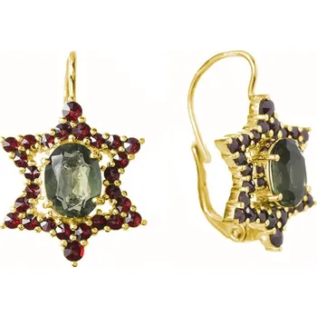 Náušnice Stříbrné náušnice s českým granátem a vltavínem, zlacené - hvězda Zapínání: balónek