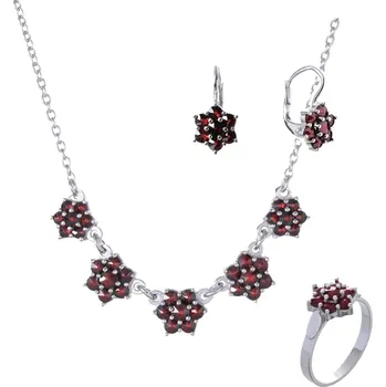 Souprava šperků Stříbrný set šperků 342 s českým granátem, rhodiovaný - květina Velikost: 62, Zapínání: balónek
