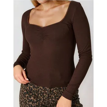 Dámské tričko Sinsay - Žebrovaná halenka - hnědá - 745EU-88X - 745EU-88X-S