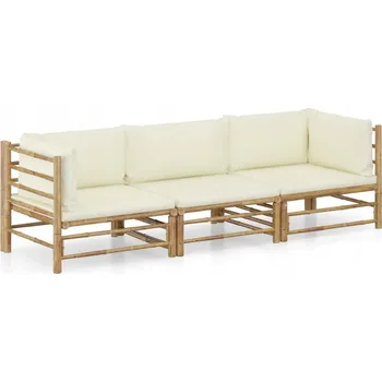 VidaXL 3dílná zahradní souprava, krémové polštáře, bambus