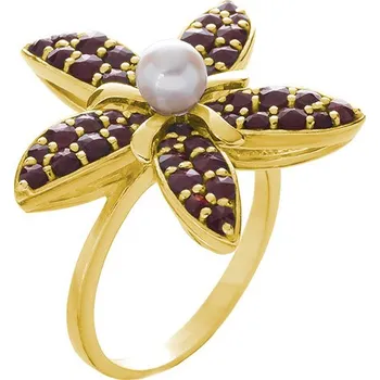 Prsten Stříbrný prsten s českým granátem a perlou, zlacený - květina Velikost: 60
