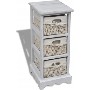 Komoda Dřevěná skříňka se 3 pletenými košíky, bílá
