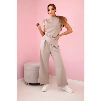 Komplet asymetrické halenky a kalhot model 7349 tmavě béžový