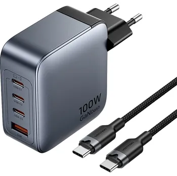 Napájecí nabíječka Vention 3x USB-C, 1x USB-A, (100W/100W/30W/30W) (šedá) s kabelem USB-C na USB-C (1m) (černá)